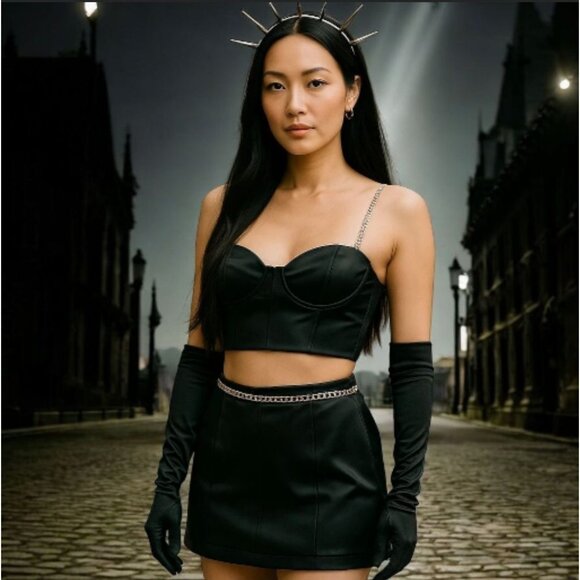 Midnight Black Satin Chain Strap Crop Top & Mini Skirt Set w/ Gloves M - Picture 4 of 9